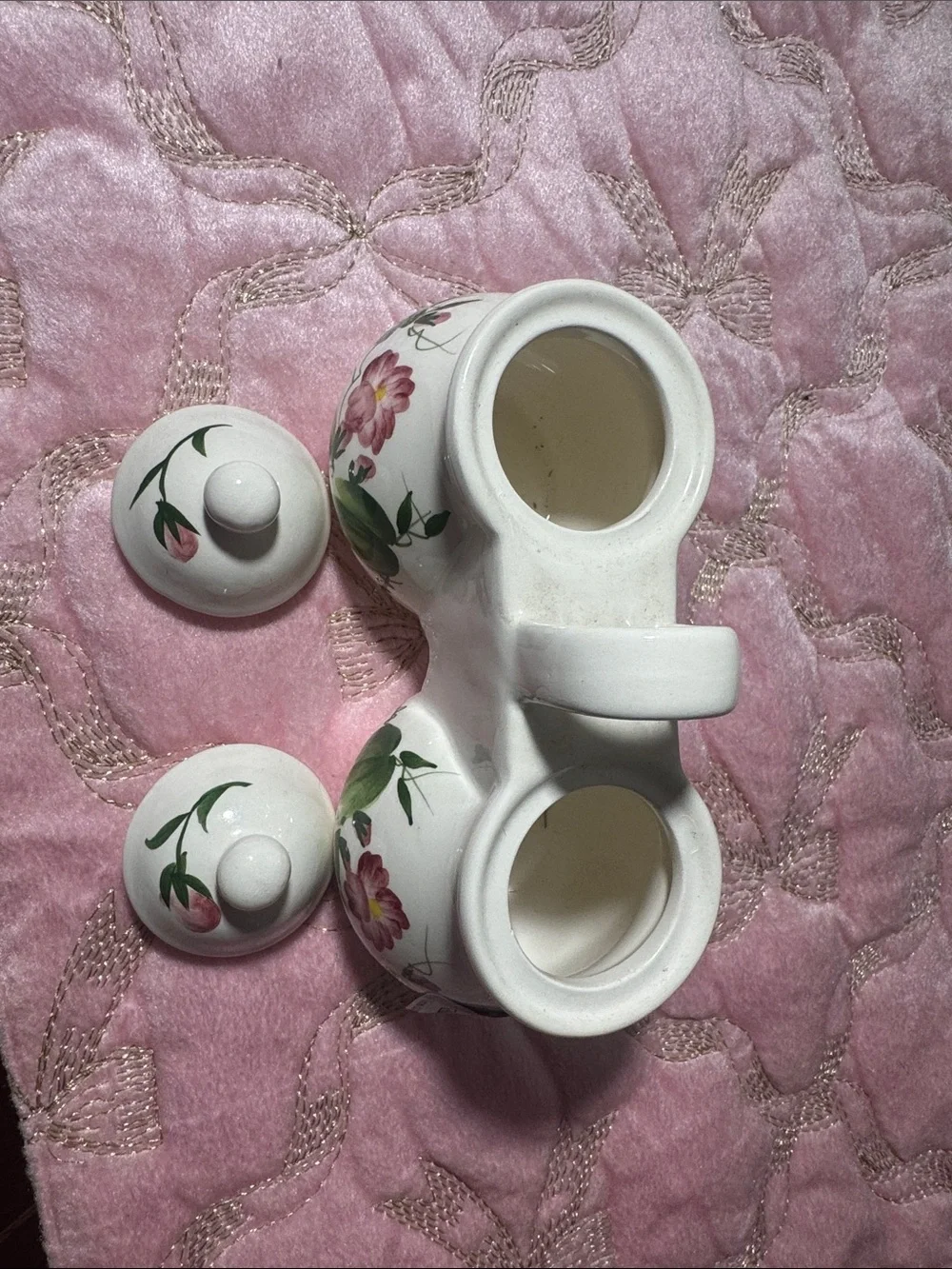 White Floral Ceramic Double Condiment sugar bowl with Lids